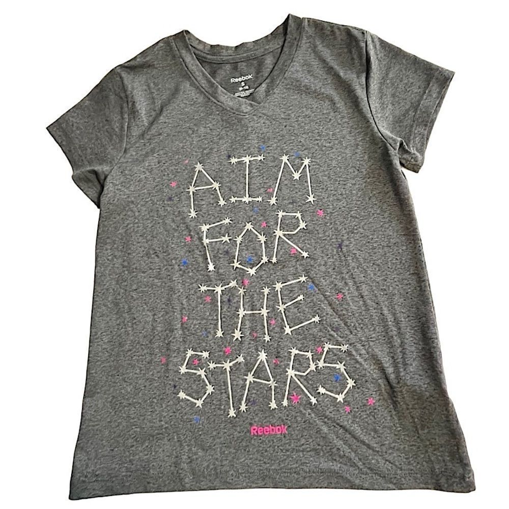 🌴 Reebok AIM FOR THE STARS DriFit T-Shirt Girls S(8-10) Grey